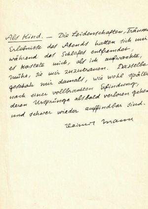 Schriftsteller (1871-1950). Eigenh. Manuskript über den Ursprung von Dichtung in der Kindheit mit U.