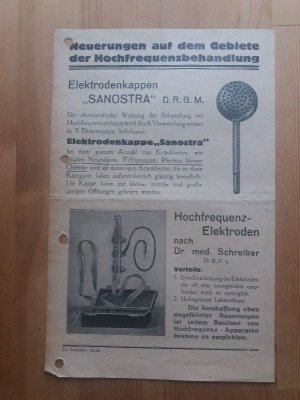 1 Blatt: Neuerungen auf dem Gebiete der Hochfrquenzbehandlung. Elektrodenkappen "Sanostra" Hochfrquenz- Elektroden nach Dr. med. Schreiber