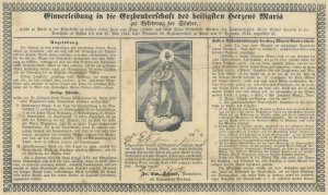 gebrauchtes Buch – "Einverleibung in die Erzbruderschaft des heiligsten Herzens Mariä zur Bekehrung der Sünder ... in der Domkirche zu Passau ... 1844 ... eingeführt". Ganzseitiger Text, mittig Darstellung der Mutter Gottes, das Jesuskind stehend auf einer Sternenkugel, oben das Herz Mariä. Mit lithographierter Bordüre.