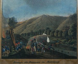 Altkolorierte Original-Lithographie/ Steindruck zu den Befreiungskriegen 1806: Schlacht bei Jena und Auerstedt "BIVOUAC DER FRANZOSEN IM MÜHLTHALE"