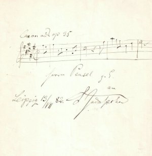 Komponist, Musikwissenschaftler und Musikpädagoge (1831-1902). Eigenh. Widmungsblatt mit Notenzeile, Ort, Datum und U.