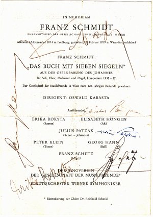 6 Autographe / Autogramme von Musikern auf Programmzettel zur Franz Schmidt - Woche, 6. - 13. Februar 1944. Das Buch mit sieben Siegeln. 6 Autographe […]