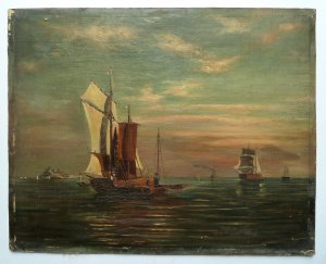 gebrauchtes Buch – Drei Fischer-Seegelboote, ein Dampfschiff und kleine Seegelboote auf ruhiger See mit entfernter Insel. Öl auf Leinen, diese auf Pappe alt montiert. Unsigniert, undatiert (ca. 1870).