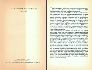 HEINRICH MANN - Renn, Ludwig: "HEINRICH MANN ZUM GEDENKEN. 1871-1950. Worte Ludwig Renns gesprochen am 25. März 1961 auf dem Dorotheenstädtischen Friedhof […]