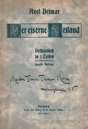 Eigenh. Widmung an Th. Th. Heine auf dem Umschlag seines Volksstücks: Der Eiserne Heiland.