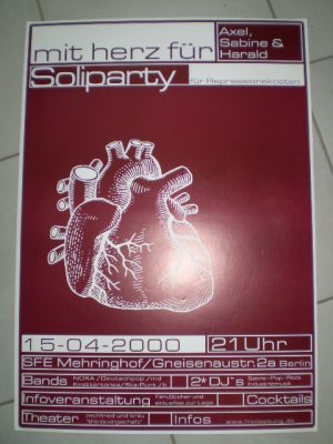 Mit Herz für Axel, Sabine & Harald. Soliparty für Repressionskosten, Mehringhof, 2000 (Poster, Plakat, RAF, RZ, Autonome, Antifa