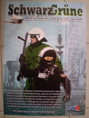 SchwarzGrüne Zustände zerschlagen. Kameraüberwachung, massive Bullenpräsenz... Wir werden das auch weiterhin nicht hinnehmen! Hamburg, 2009 (Plakat, Poster […]