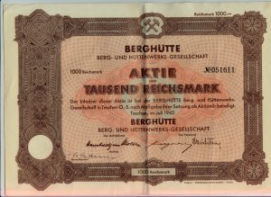 19 x Aktie / Aktien 1.000 RM Juli 1942 und 19 x die dazugehörenden Gewinnanteilscheine der Berghütte Berg- und Hüttenwerks-Gesellschaft in Teschen.