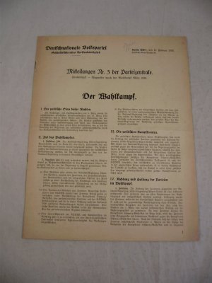 Deutschnationale Volkspartei "Mitteilungen Nr. 3 der Parteizentrale "Der Wahlkampf"