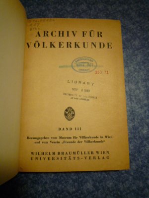 antiquarisches Buch – Archiv für Völkerkunde. Band III. 1948. Herausgegeben vom Museum für Völkerkunde in Wien und vom Verein "Freunde der Völkerkunde"