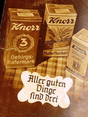 antiquarisches Buch – C. H. KNORR AG – "Aller guten Dinge sind drei" - Neue Koch- und Backrezepte mit Gebirgs-Hafermark 1936