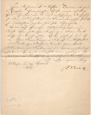 Eigenhändiger einseitiger Brief mit Unterschrift vom 19. September 1849 an den Archivar Dr. Konstantin Höfler in Bamberg.