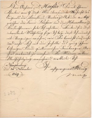 Eigenhändiger einseitiger Brief mit Unterschrift vom 20. November 1849 an den Archivar Dr. Konstantin Höfler in Bamberg.