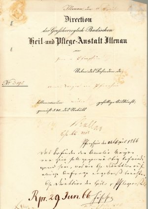 Brief mit eigh. Unterschrift von Roller und eigh. mehrzeilige Antwort mit Unterschrift von Fischer. Illenau 11. April 1866 und Pforzheim 14. April 1866