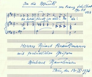 Pianist und Liedbegleiter (1889-1984). Eigenh. Notenblatt "An die Musik von Franz Schubert" mit Widmung, Dat. und U.