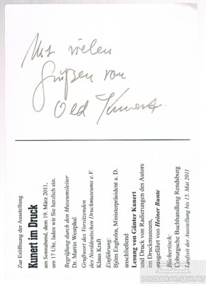 gebrauchtes Buch – Autogrammkarte – Günter Kunert. Autogrammkarte. Signiert Kunert im Druck. Ausstellung und Lesung, Museen im Kulturzentrum Rendsburg, 19. März 2011