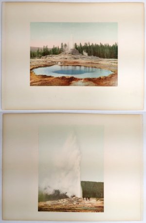 antiquarisches Buch – Photochromie – Castle Geyser, Yellowstone Nationalpark / Old Faithfull, Yellowstone Nationalpark