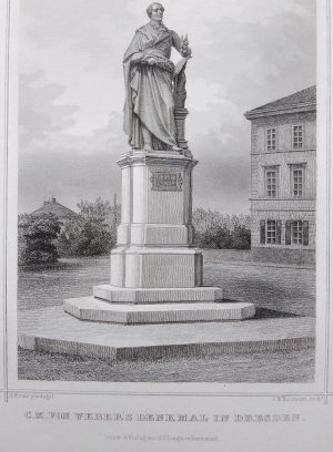 antiquarisches Buch – J. W. Baumann (Stecher) – Orig. Stahlstich um 1840: Stadtansicht von Dresden- C. M. Webers Denkmal in Dresden
