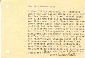 Maschinengeschriebene Postkarte mit eigenhändiger Unterschrift. 20. Oktober 1946.