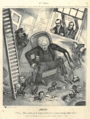 ",00001 The value of a unit with four cyphers going before it". Ganzfigur des 7. Präsidenten der Vereinigten Staaten, ausgestreckt sitzend auf einem zusammenklappbaren Stuhl "The Hickory Chair ist coming to pieces at last". Zu seinen Füßen vier flüchtende Ratten mit Menschenköpfen. Rechts kippt der "Altar of Reform" mit einem geflügelten Esel als Statue. Links die "Ladder of Political Preferment" (= Leiter der Politischen Bevorzugung) deren Sprossen mit den Namen der Staaten beschriftet ist.