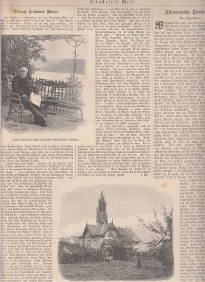 2 Abbildungen mit biographischem Text auf einem Blatt., Zeigt: 1. Conrad Ferdinand Meyer auf seinem Lieblingsplatz in Kilchberg. 2. Meyers Wohnhaus in Kilchberg.