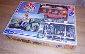 Living in America. 3 Puzzles á 1000 Teile: Motorwoman / Pontiac 1959 / Route 66