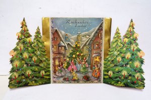 gebrauchter Tonträger – Volksliederchor mit Orchesterbegleitung und Glockengeläut – 10 Weihnachtlieder in Aufklapphülle mit Christbäume + alte LP Schallplatte . M 33 ½ mit Chor u. Orchester, mit Glockengeläut.