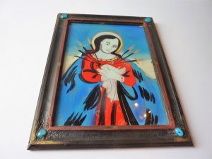 Hinterglasbild, Böhmen, Bayerischer Wald, dunkler Rahmen mit eingelassenen Glassteinen - Muttergottes - Mater dolorosa - Mutter der sieben Schmerzen