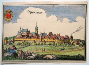 Böblingen - Historische Ortsansicht, Kupferstich Merian 1643, Handcoloriert