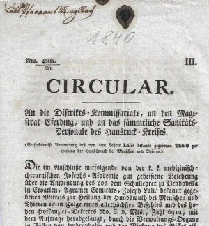 Circular: Behandlungsweise von giftigen Schlangen gebissener Menschen und Thiere - sparriger Alant