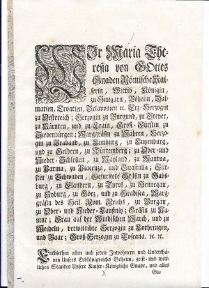 Urkunde von Maria Theresia vom 11. Juni 1770. Über die Erhaltung der Pfarrgebäude in Böhmen
