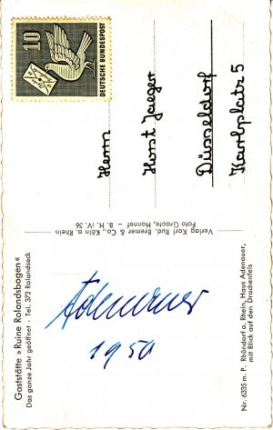 gebrauchtes Buch – ADENAUER: "Adenauer / 1950" - Adenauer, Konrad – 1876-1967), 1949-63 erster Bundeskanzler der BRD: Eigenh. U. u. Jahr: "Adenauer / 1950" auf der Rückseite e. Ansichtskarte mit Foto von "Rhöndorf a. Rhein / Haus Adenauer, Mit Blick auf den Drachenfels".