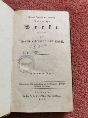 antiquarisches Buch – Johann Gottfried von Herder – Johann Gottfried von Herder's sämmtliche Werke Zur schönen Literatur und Kunst  Siebenter Theil