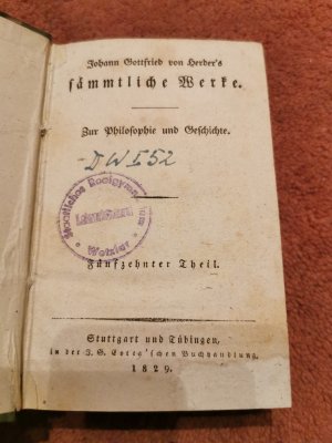 antiquarisches Buch – Herder – Herder's sämmtliche Werke  Zur Philosophie und Geschichte   Fünfzehnter Theil