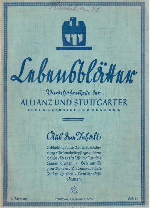 Lebensblätter. Vierteljahreshefte der Allianz und Stuttgarter Lebensversicherungsbank. 7. Jahrgang 1935 / Heft 27