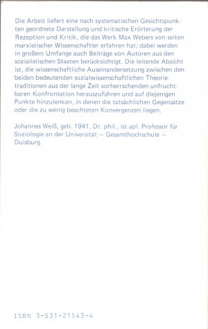 gebrauchtes Buch – Johannes Weiß – Das Werk Max Webers in der marxistischen Rezeption und Kritik