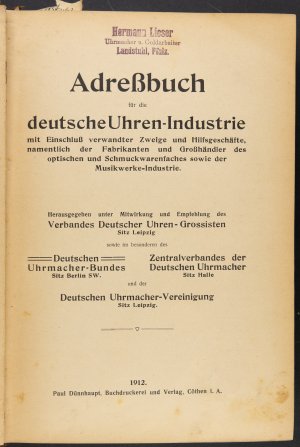 Adressbuch für die deutsche Uhren-Industrie und verwandte Zweige, 1912