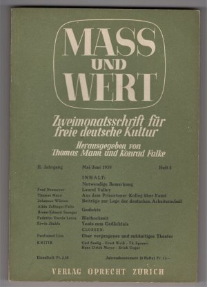 Mass und Wert. Zweimonatsschrift. II. Jahrgang, Heft 5 Mai/ Juni 1939 Verlag Oprecht Zürich