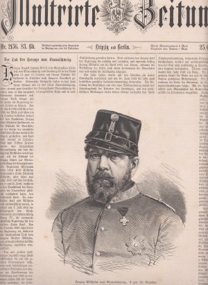 1 Brustbild mit einem Artikel  "Der Tod des Herzogs von Braunschweig" auf 2 Seiten., Titelblatt der Illustrierten Zeitung vom 25. Oktober 1884.