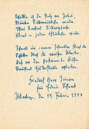 Lyriker, Erzähler und Essayist (1898-1977): Eigenh. Gedicht (5 Strophen zu je 4 Zeilen) mit Widmung mit U., Ort u. Datum (3 weitere Zeilen).