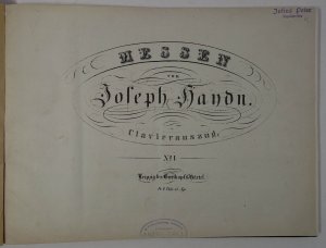 Messen. Clavierauszug. No. I. [Heiligmesse] Leipzig, Breitkopf & Härtel [PN 7435] (um 1850). Quer 4°. 59 S., mit lithogr. Titel u. gest. Noten, späterer […]