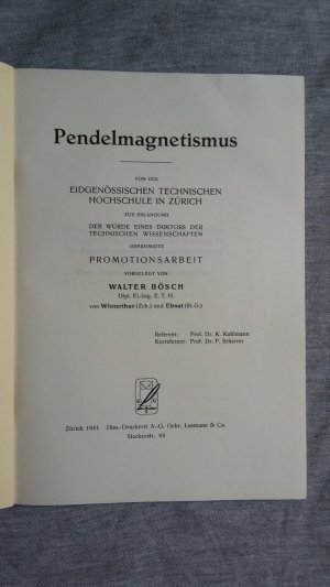 antiquarisches Buch – Walter Bösch – Pendelmagnetismus - Promotionsarbeit