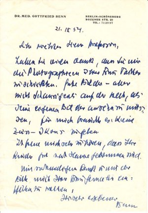 Schriftsteller und Arzt (1886-1956): Eigenh. Brief m. U. Berlin, 21. IX. 1954. 8°. 1 S.