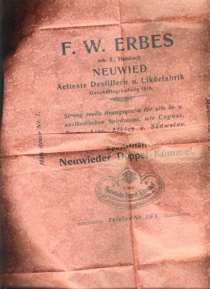 antiquarisches Buch – L. Hassbach – "F. W. ERBES Neuwied - Aelteste Destillerie & Likörfabrik Doppel-Kümmel" Einpackpapier ~ 1921