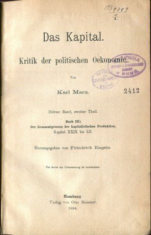 Das Kapital. Kritik der politischen Oekonomie. Dritter Band, zweiter Theil [First edition]