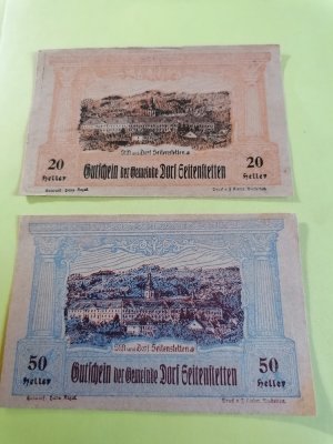 Notgeld Seitenstetten, 20 und 50 Heller, um 1920