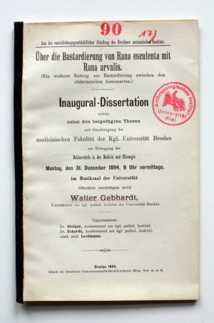 Ueber die Bastadierung von Rana esculenta mit Rana arvalis (Ein weiterer Beitrag zur Bastardierung zwischen den einheimischen Anurenarten). Inaugural- […]