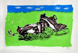 gebrauchtes Buch – Markus Lüpertz – Halbzeit (Fußballschuhe). [Signierter Original-Farbsiebdruck / signed original color screenprint].