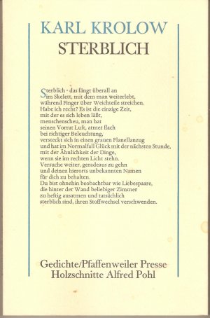 Sterblich. Gedichte.Mit 12 Original-Holzschnitte von Alfred Pohl. (Signiertes Exemplar)