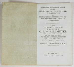 Dissertatio inauguralis medica sistens singularem casum calculositatis et explorationem chemicam concrementorum in vesica urinaia repertorum.